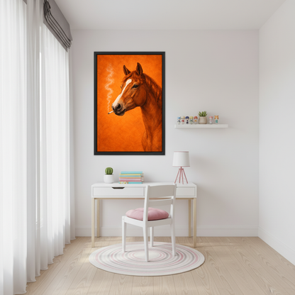 Chestnut Horse Smoke Break Canvas Wall Art framed above a white desk beside a pale pink chair.