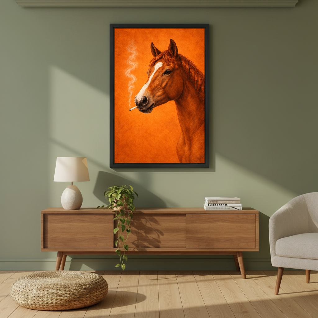 Chestnut Horse Smoke Break Canvas Wall Art framed above a wood console against an olive wall.