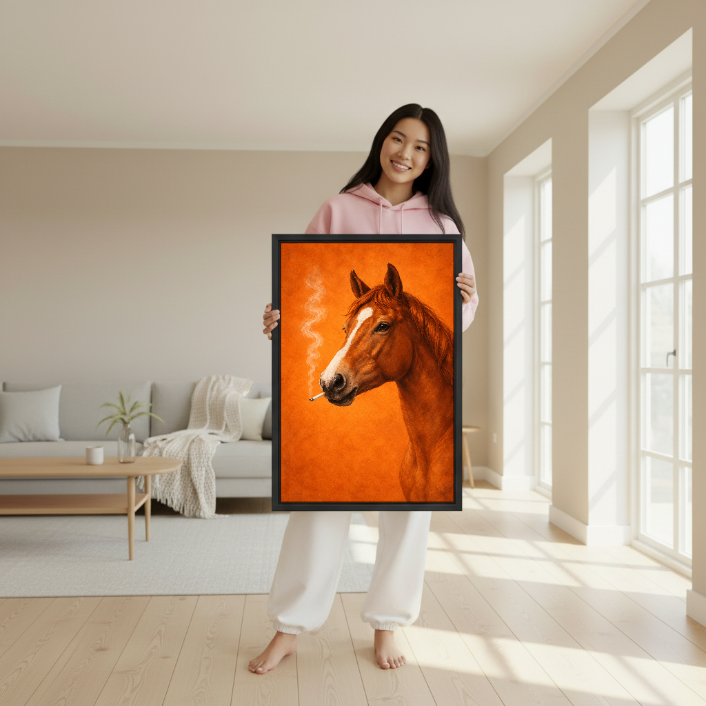 Chestnut Horse Smoke Break Canvas Wall Art held in a black frame by a woman in pink.
