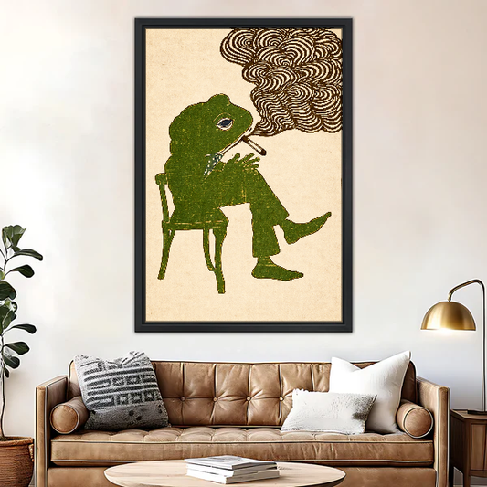 Thoughtful Pipe Smoking Frog Canvas Wall Art framed above a brown leather sofa and brass lamp.