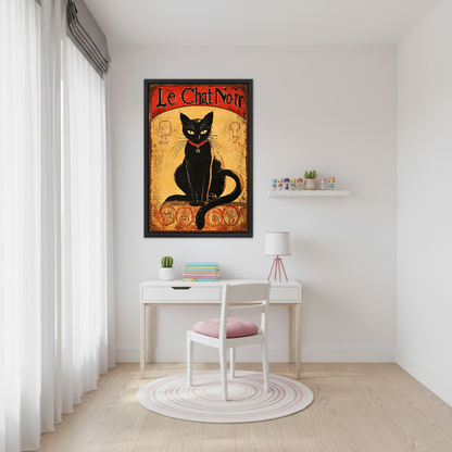 Le Chat Noir Portrait Canvas Wall Art framed above a white desk beside a pale pink chair.