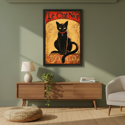 Le Chat Noir Portrait Canvas Wall Art framed above a wood console against an olive wall.