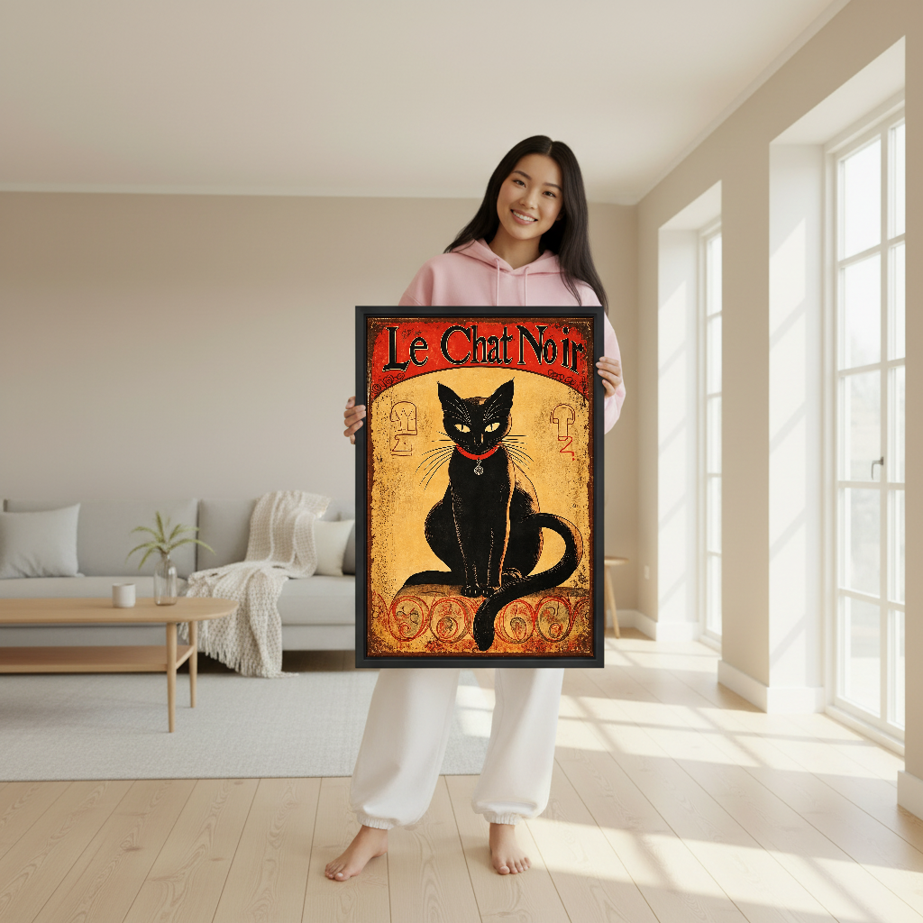 Le Chat Noir Portrait Canvas Wall Art held in a black frame by a woman in pink.