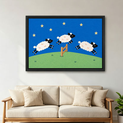 Three Leaping Night Sheep Canvas Wall Art framed above a cream sofa with wooden arms.