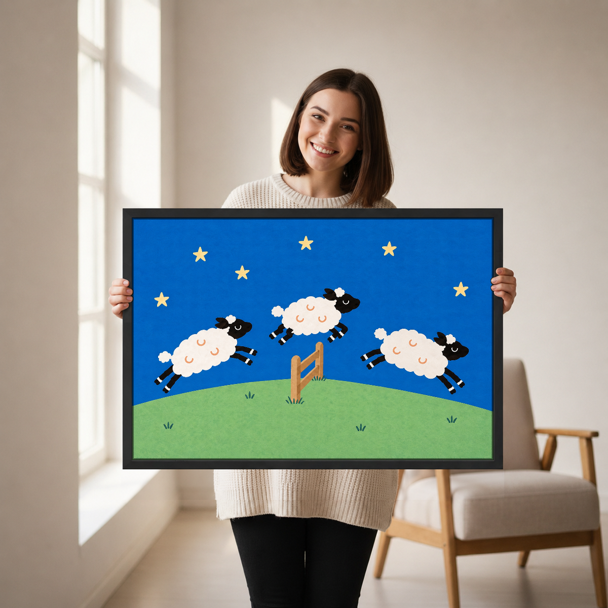 Three Leaping Night Sheep Canvas Wall Art held by a woman in a bright neutral room.