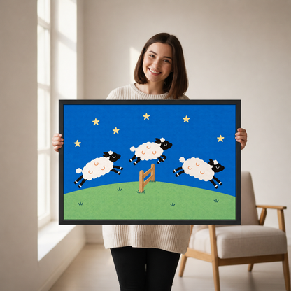 Three Leaping Night Sheep Canvas Wall Art held by a woman in a bright neutral room.