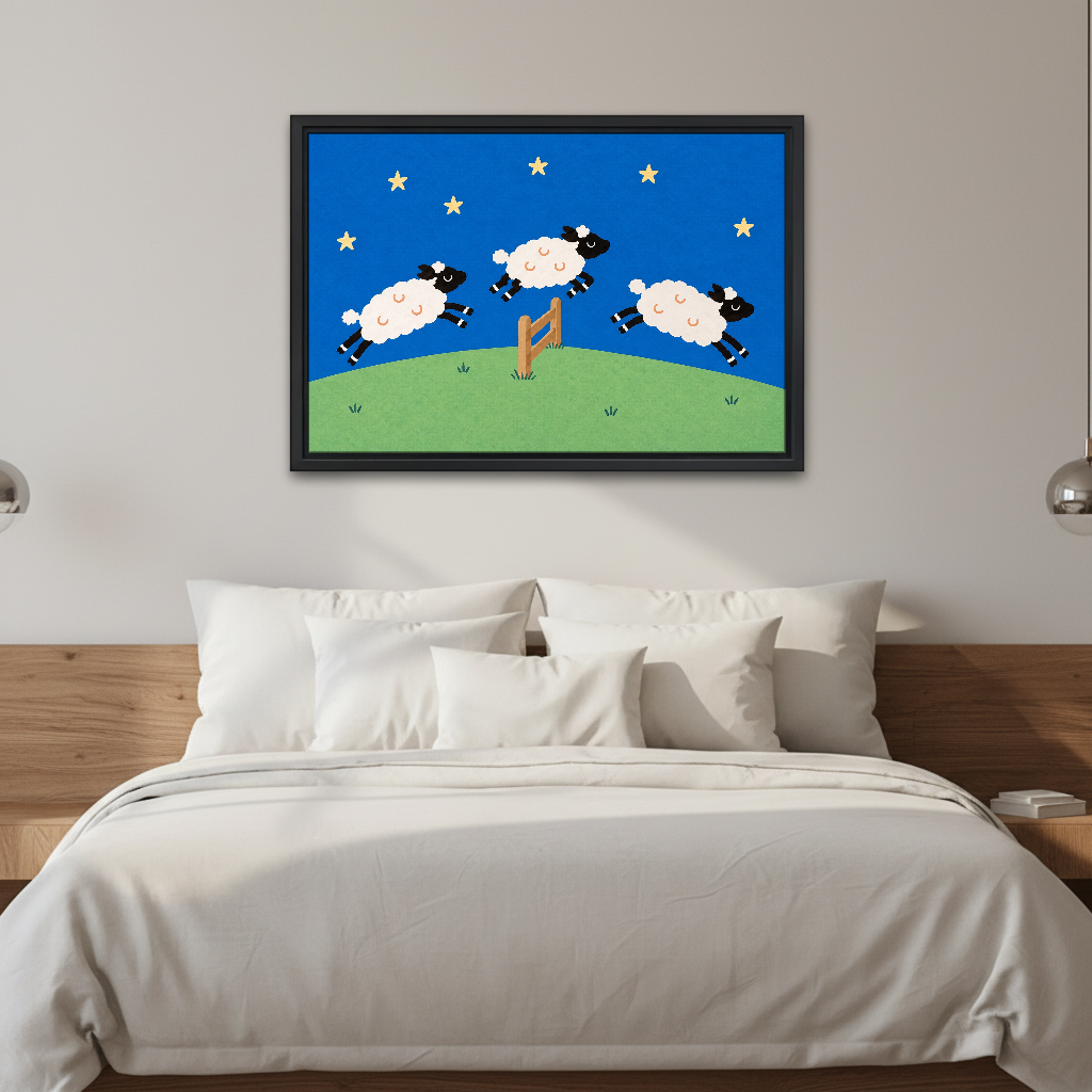 Three Leaping Night Sheep Canvas Wall Art framed above white bedding and wooden bedside tables.