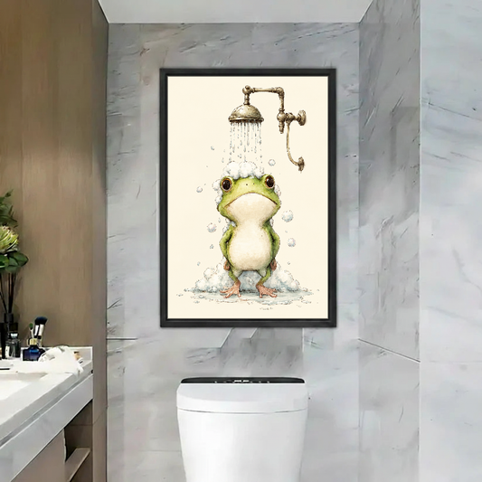 Little Frog Shower Time Canvas Wall Art framed above a toilet against gray marble bathroom walls.