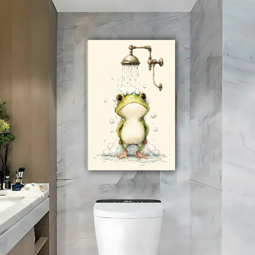Little Frog Shower Time Canvas Wall Art unframed above a toilet against gray marble bathroom walls.