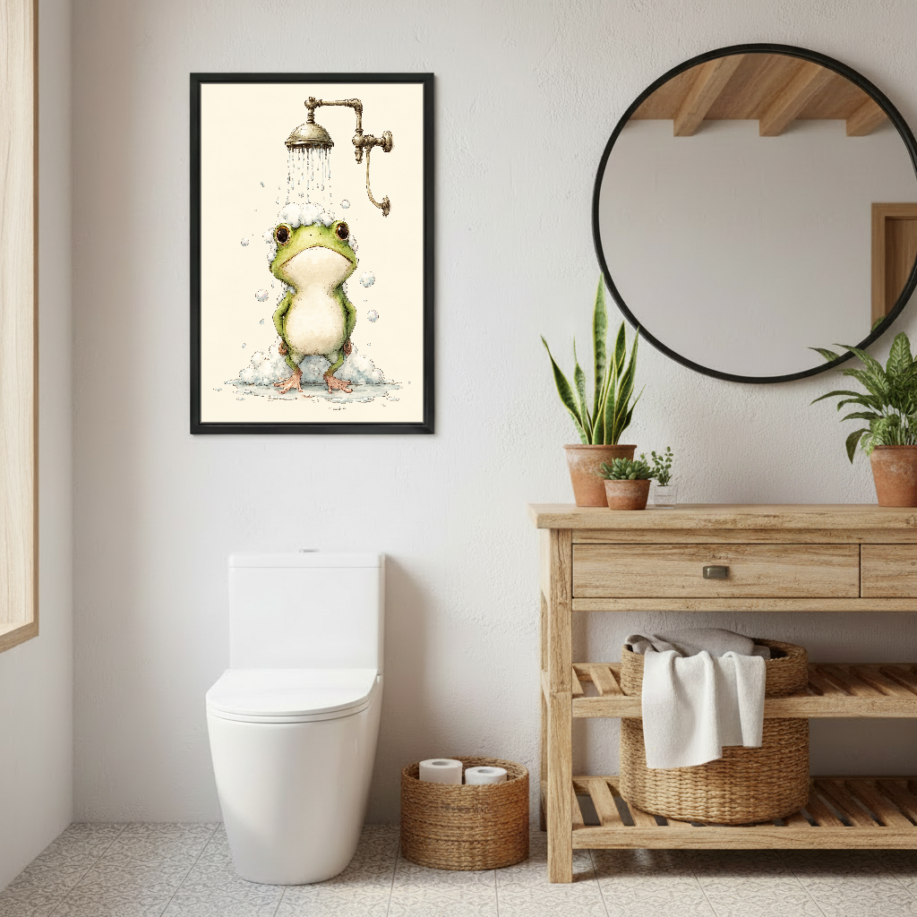 Little Frog Shower Time Canvas Wall Art framed above a toilet beside wood vanity and round mirror.