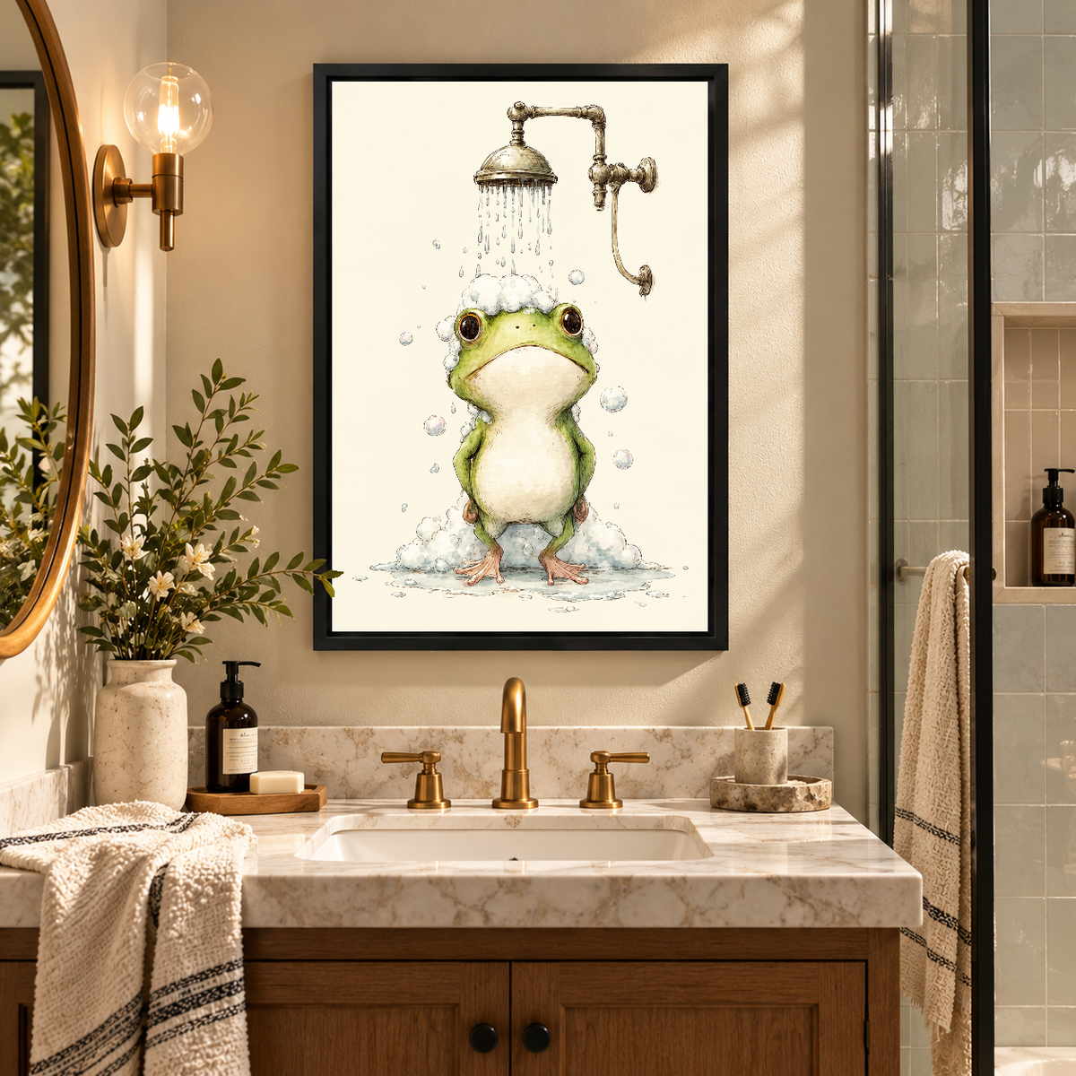 Little Frog Shower Time Canvas Wall Art framed above a warm bathroom vanity between wall lights.