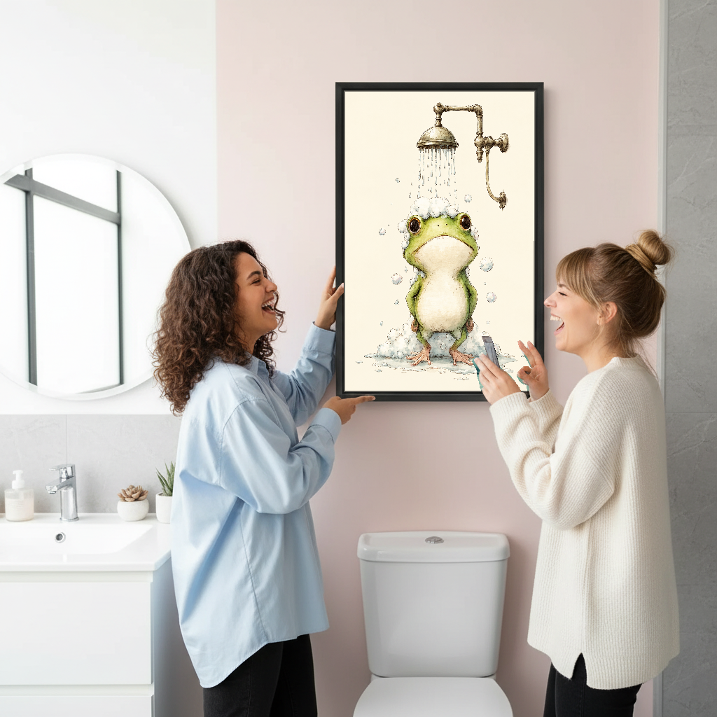 Little Frog Shower Time Canvas Wall Art held by two women beside a bathroom mirror and toilet.