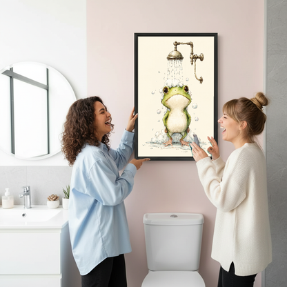 Little Frog Shower Time Canvas Wall Art held by two women beside a bathroom mirror and toilet.