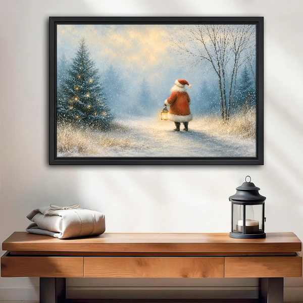 Santa Lantern Snow Walk Canvas Wall Art framed above a wood console with lantern and folded linen.