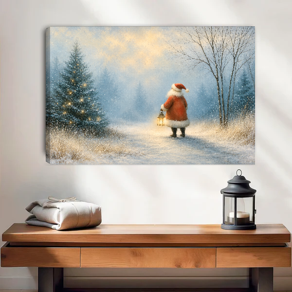 Santa Lantern Snow Walk Canvas Wall Art unframed above a wood console with lantern and folded linen.