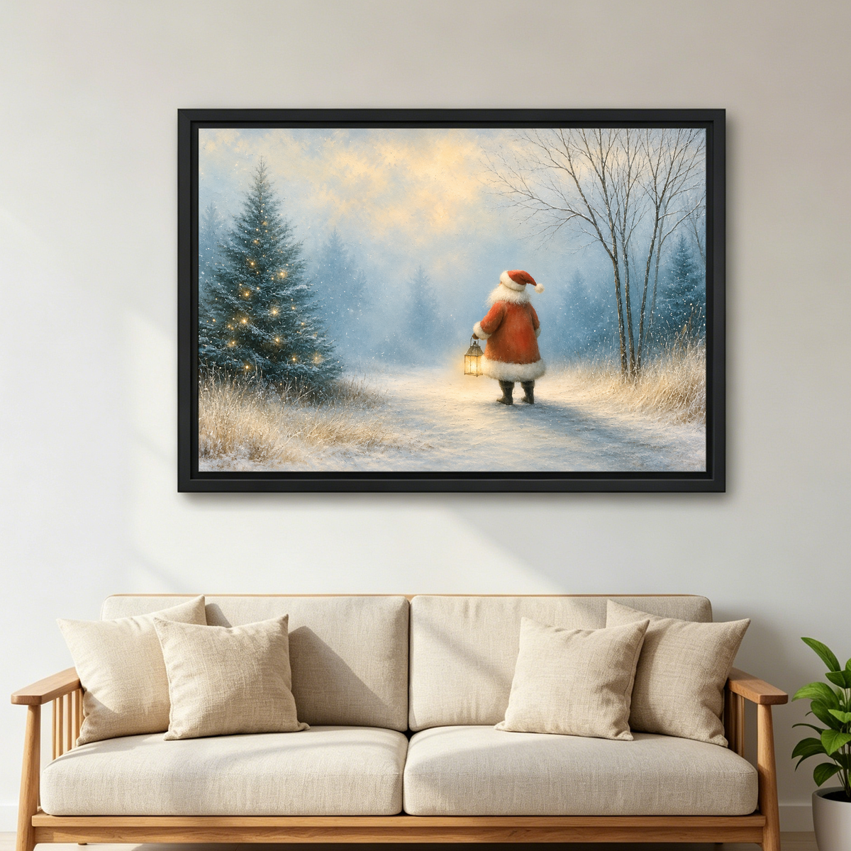 Santa Lantern Snow Walk Canvas Wall Art framed above a cream sofa with wooden arms.