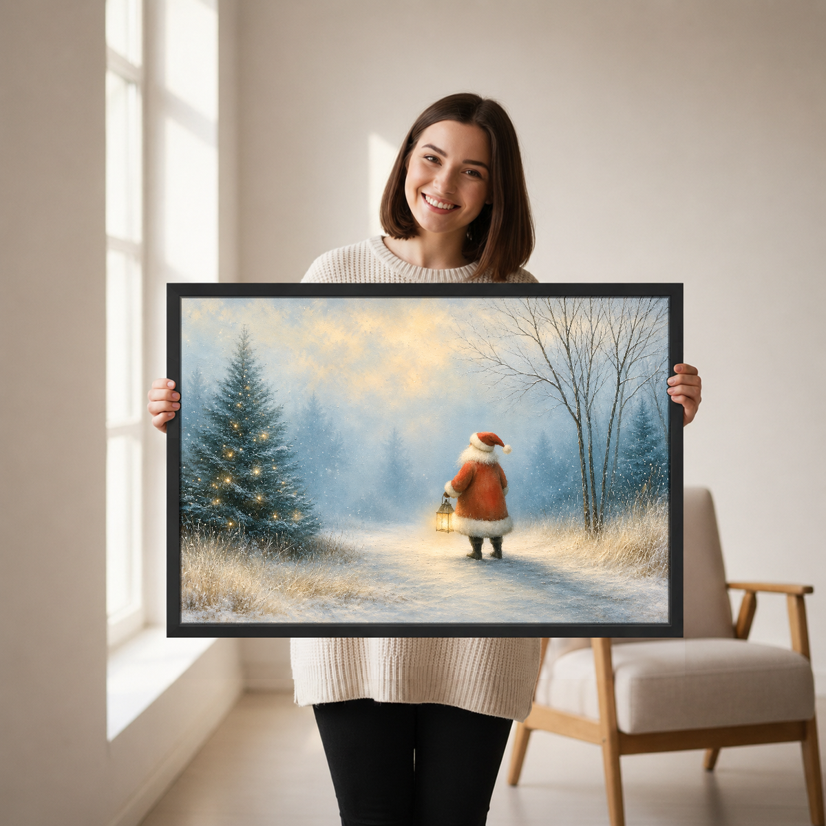 Santa Lantern Snow Walk Canvas Wall Art held by a woman in a bright neutral room.