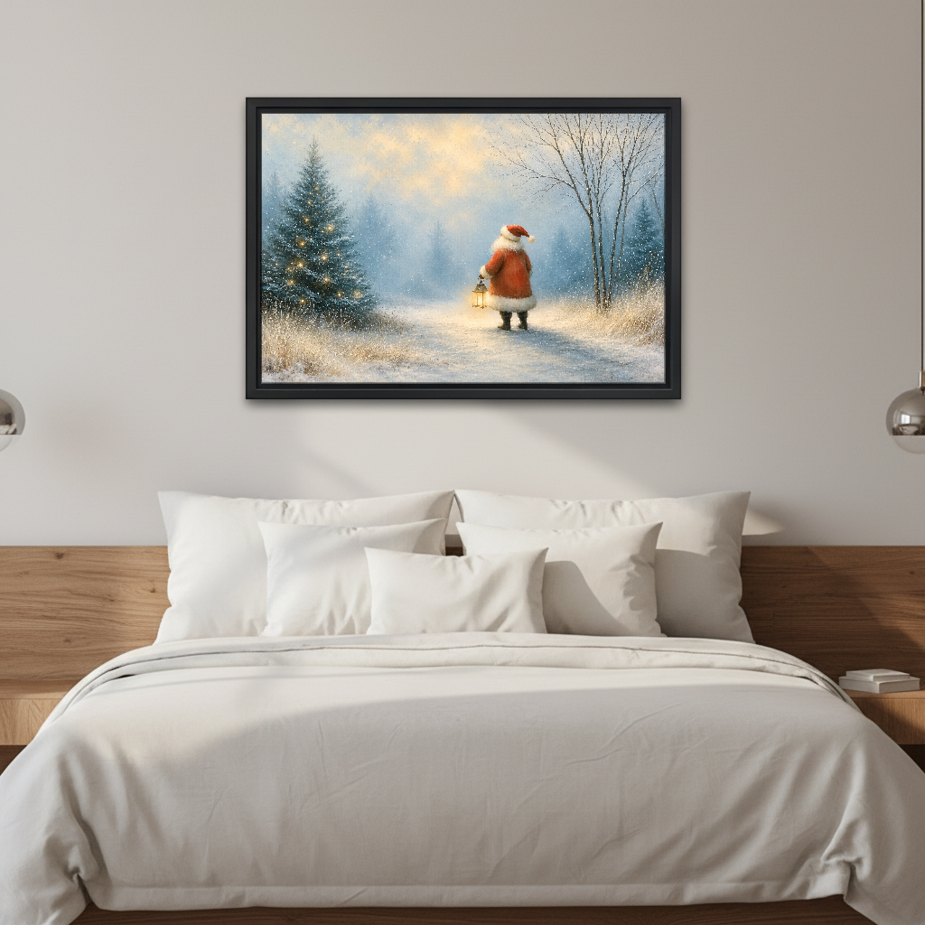 Santa Lantern Snow Walk Canvas Wall Art framed above white bedding and wooden bedside tables.