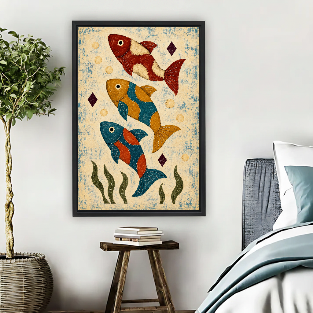 Three Patchwork Folk Fish Canvas Wall Art framed above pale blue bedding beside books and plants.