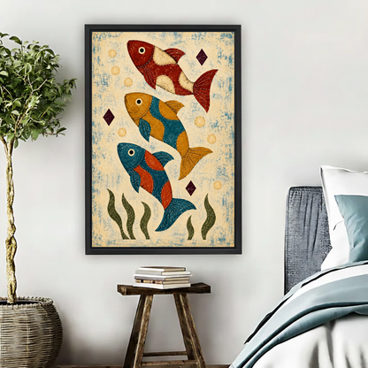 Three Patchwork Folk Fish Canvas Wall Art framed above pale blue bedding beside books and plants.