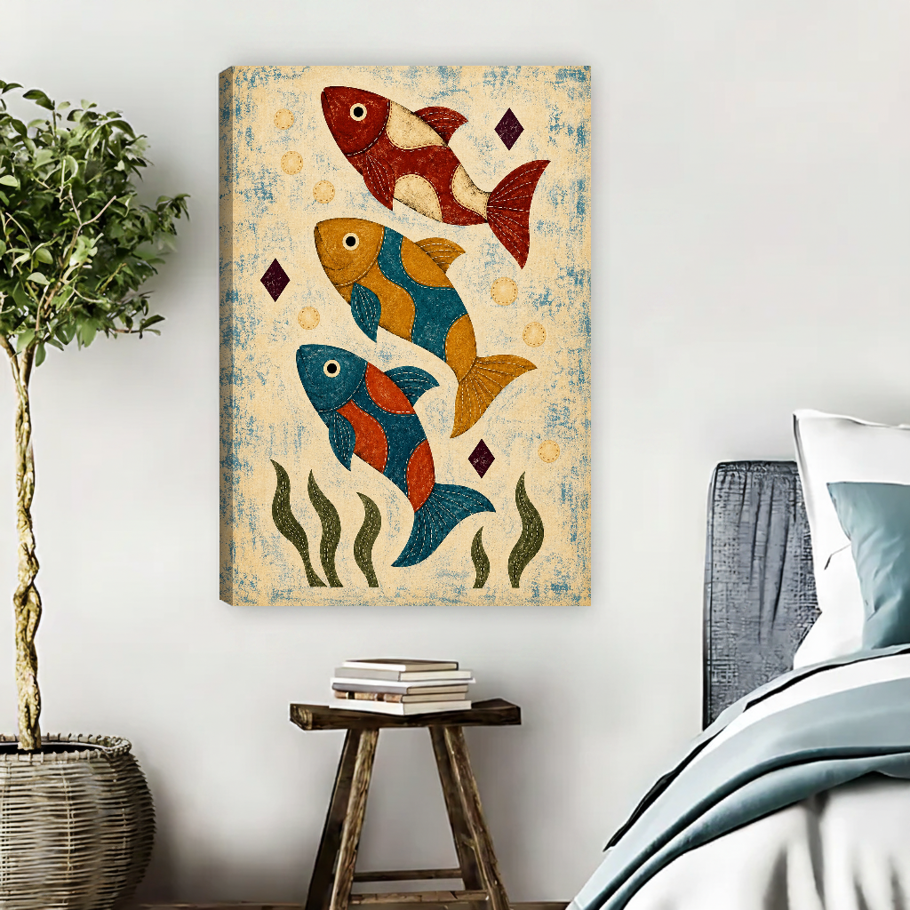 Three Patchwork Folk Fish Canvas Wall Art unframed above pale blue bedding beside a potted tree.