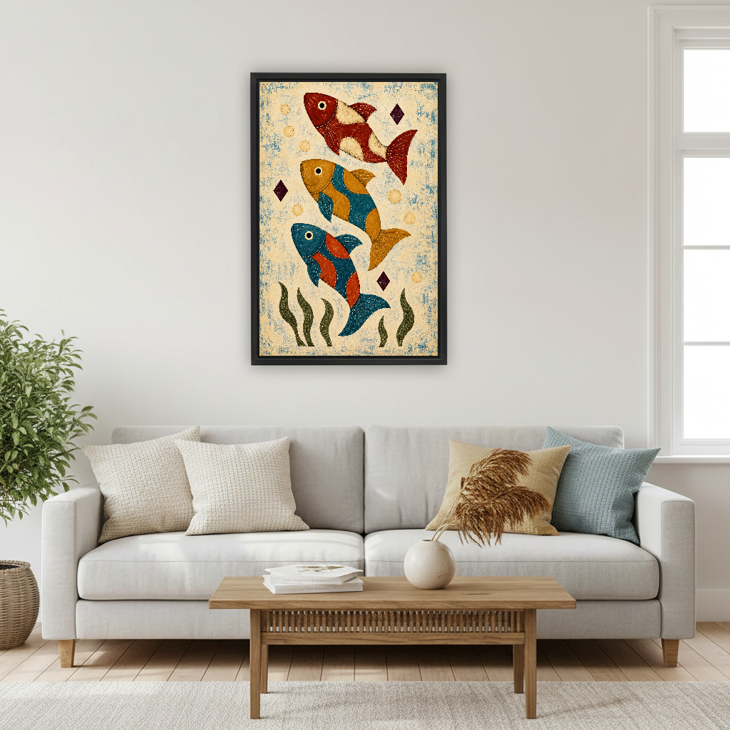 Three Patchwork Folk Fish Canvas Wall Art framed above a cream sofa with blue cushions.
