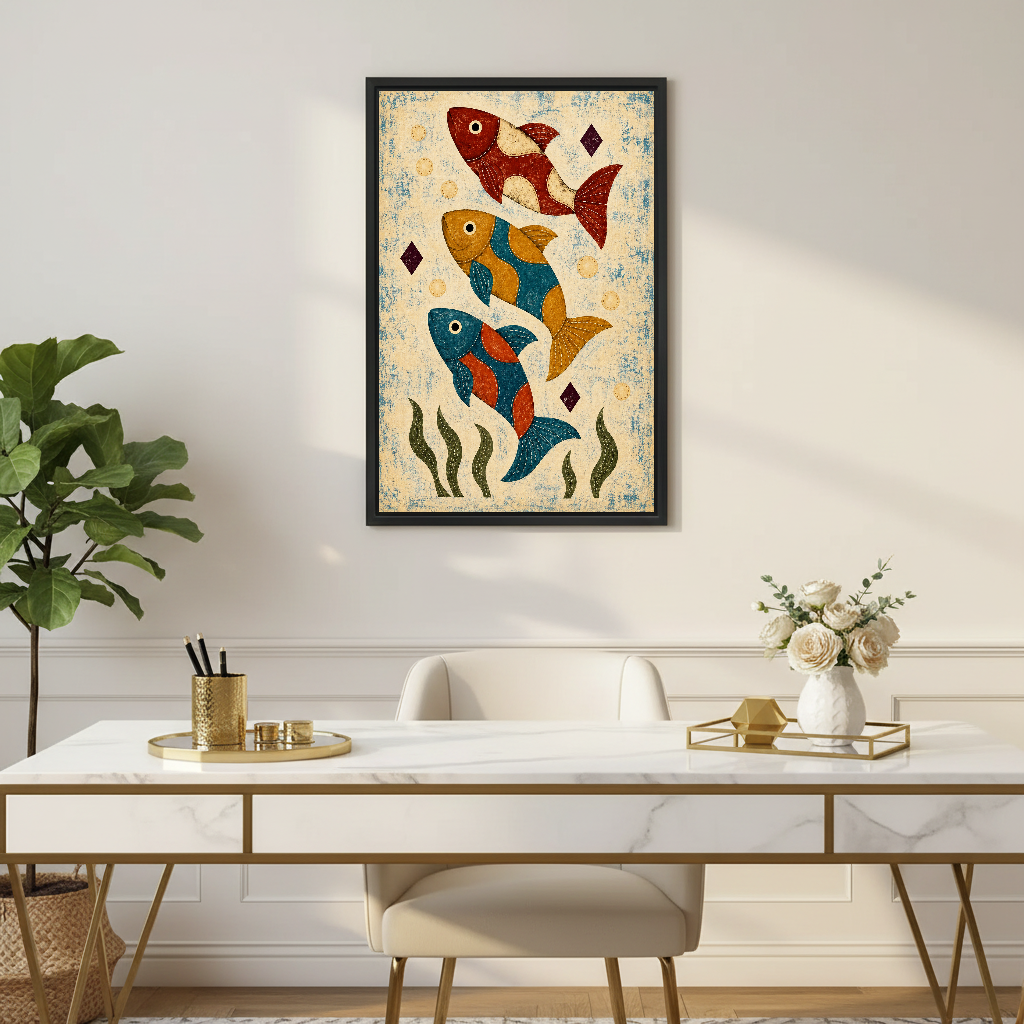Three Patchwork Folk Fish Canvas Wall Art framed above a white desk with gold legs and plants.