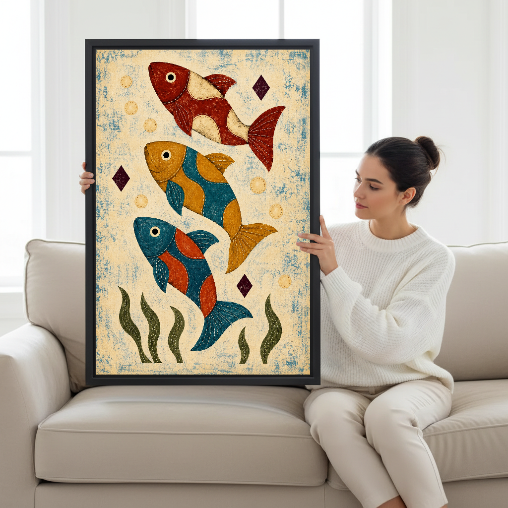 Three Patchwork Folk Fish Canvas Wall Art held by a seated woman beside a cream sofa.