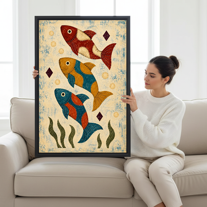 Three Patchwork Folk Fish Canvas Wall Art held by a seated woman beside a cream sofa.