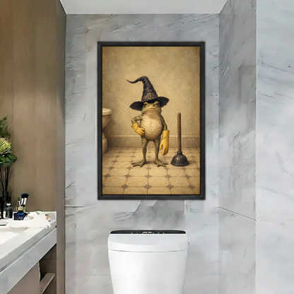 Witch Frog Cleaning Duty Canvas Wall Art framed above a toilet against gray marble bathroom walls.