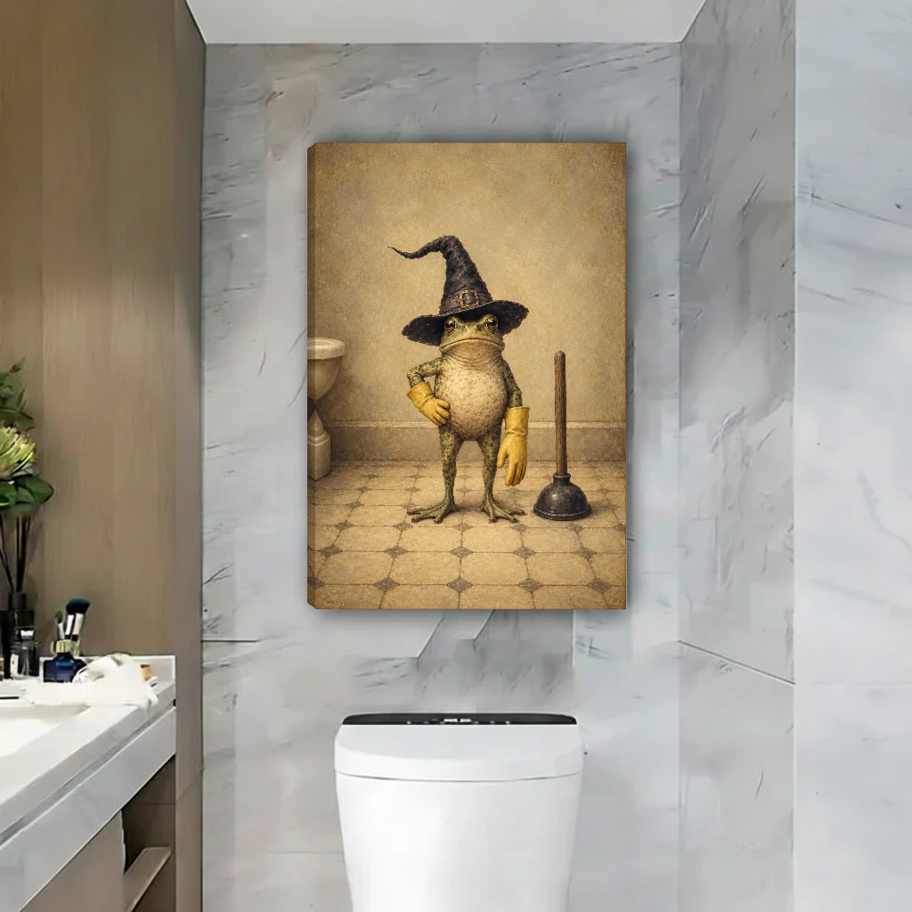 Witch Frog Cleaning Duty Canvas Wall Art unframed above a toilet against gray marble bathroom walls.