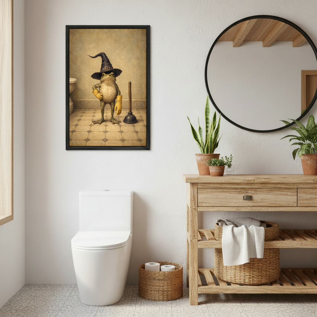 Witch Frog Cleaning Duty Canvas Wall Art framed above a toilet beside wood vanity and round mirror.
