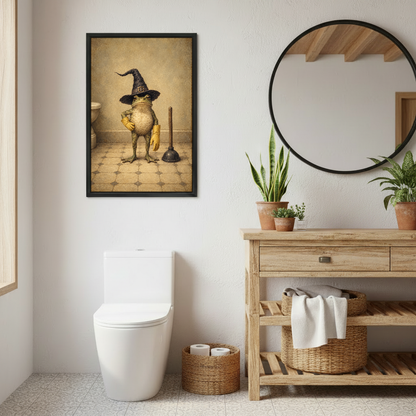 Witch Frog Cleaning Duty Canvas Wall Art framed above a toilet beside wood vanity and round mirror.