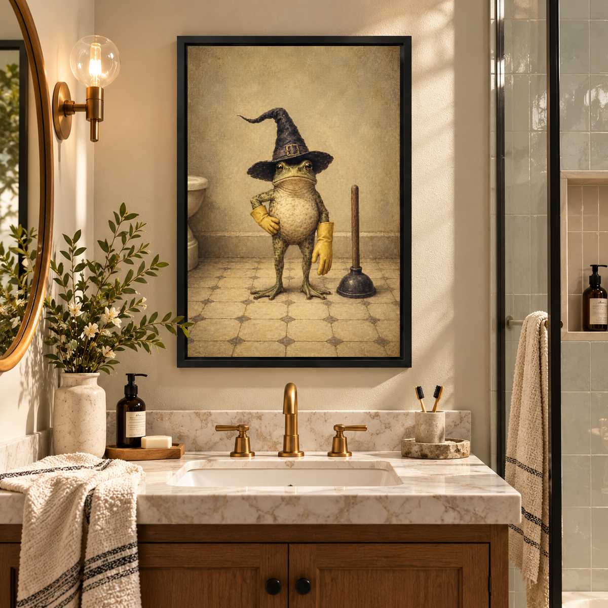 Witch Frog Cleaning Duty Canvas Wall Art framed above a warm bathroom vanity between wall lights.