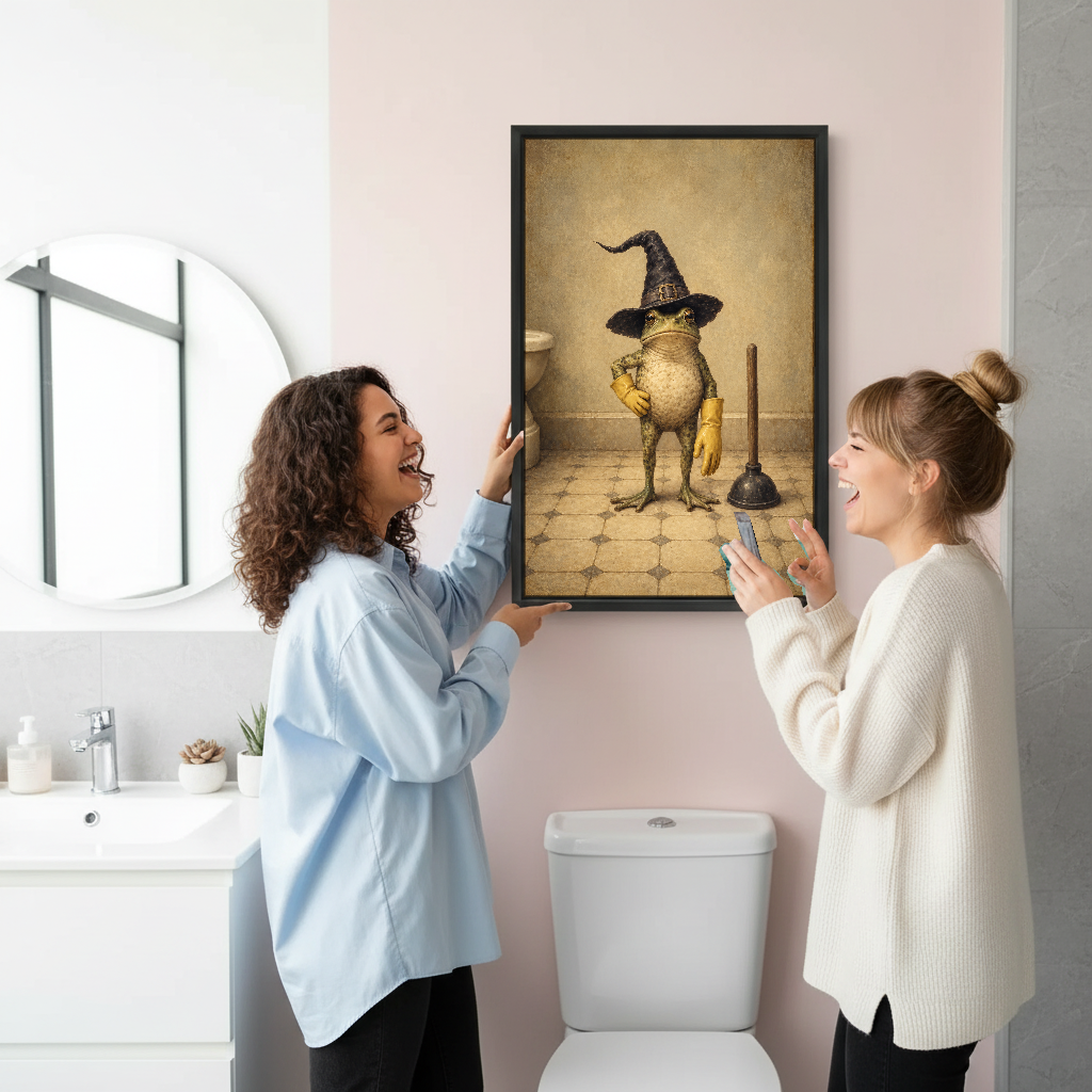 Witch Frog Cleaning Duty Canvas Wall Art held by two women beside a bathroom mirror and toilet.
