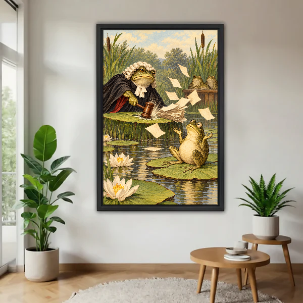 Frog Judge Pond Court Canvas Wall Art framed above a pale wood table beside green plants.