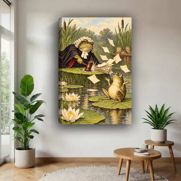 Frog Judge Pond Court Canvas Wall Art unframed above a pale wood table beside green plants.