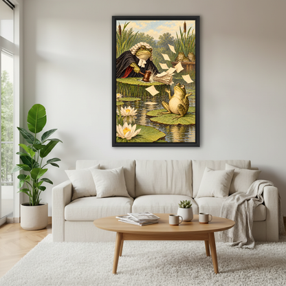 Frog Judge Pond Court Canvas Wall Art framed above a cream sofa and round wood table.