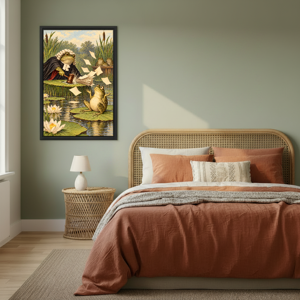 Frog Judge Pond Court Canvas Wall Art framed above rust bedding against a muted olive wall.