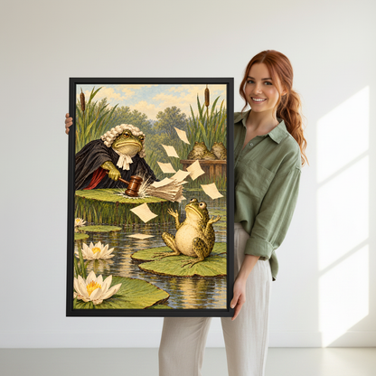 Frog Judge Pond Court Canvas Wall Art held in a black frame by a woman in green.