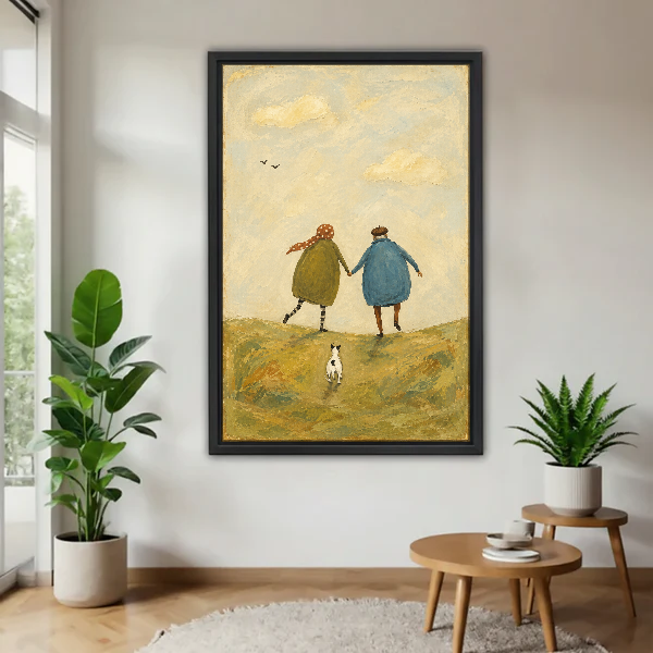 Together Across Quiet Hills Canvas Wall Art framed above a pale wood table beside green plants.