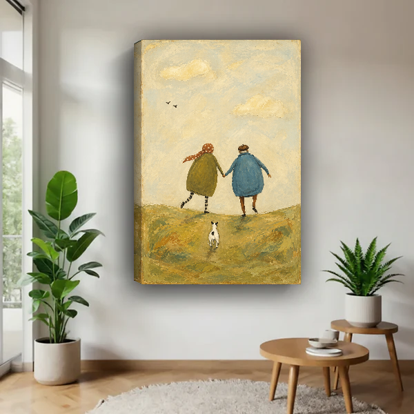Together Across Quiet Hills Canvas Wall Art unframed above a pale wood table beside green plants.