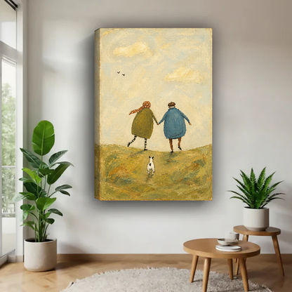 Together Across Quiet Hills Canvas Wall Art unframed above a pale wood table beside green plants.
