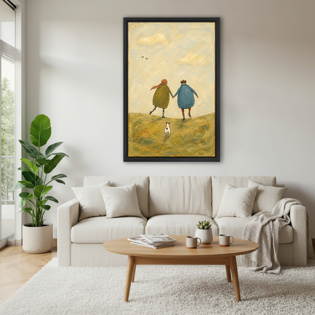 Together Across Quiet Hills Canvas Wall Art framed above a cream sofa and round wood table.