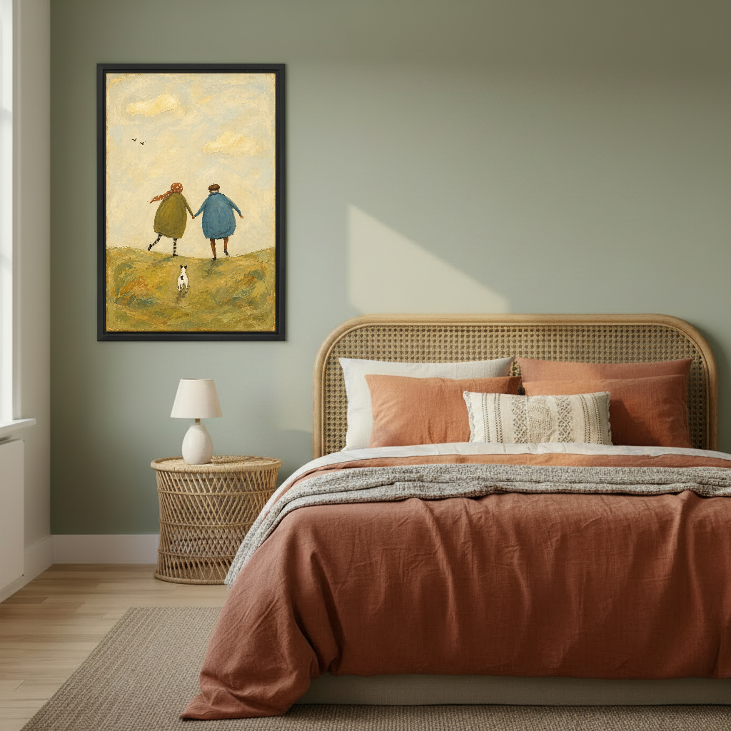 Together Across Quiet Hills Canvas Wall Art framed above rust bedding against a muted olive wall.