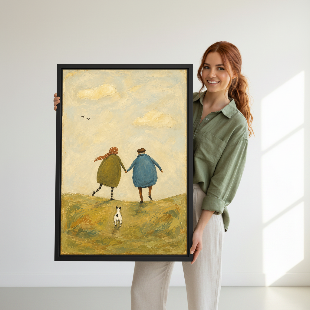 Together Across Quiet Hills Canvas Wall Art held in a black frame by a woman in green.