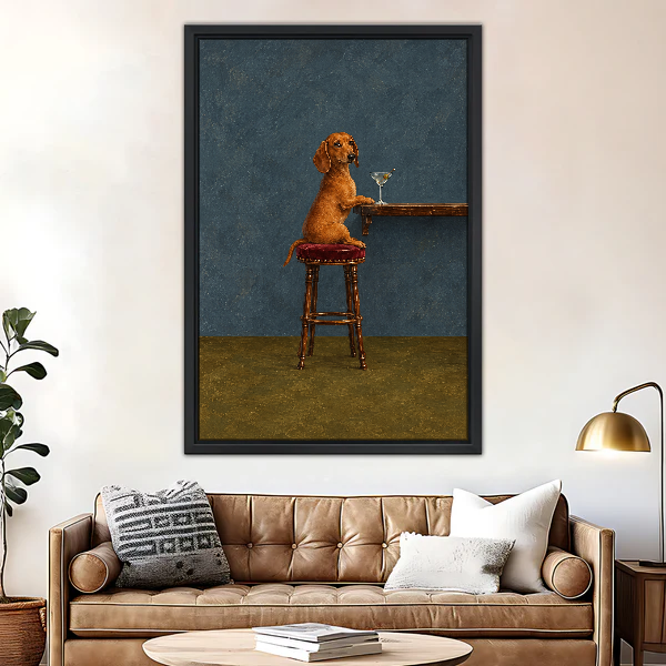 Dachshund Martini Bar Stool Canvas Wall Art framed above a brown leather sofa and brass lamp.
