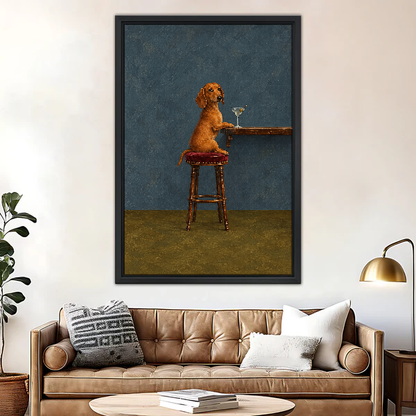 Dachshund Martini Bar Stool Canvas Wall Art framed above a brown leather sofa and brass lamp.