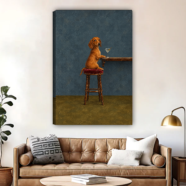Dachshund Martini Bar Stool Canvas Wall Art unframed above a brown leather sofa and brass lamp.