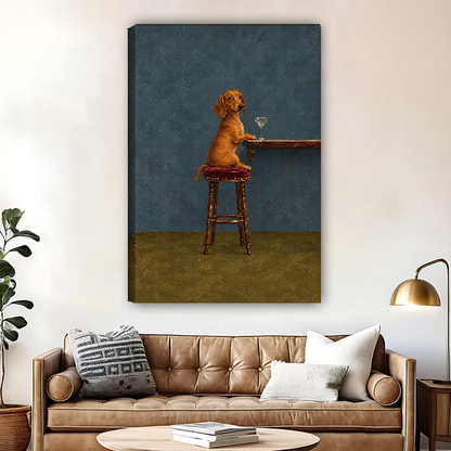 Dachshund Martini Bar Stool Canvas Wall Art unframed above a brown leather sofa and brass lamp.